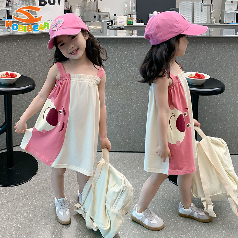 HOBIBEAR cute dress for girls New Cartoon Strawberry Bear Color Block Girls Suspender Skirt Sleeveless dress for girls aged 2-8 years old ราคา 220 บาท*ส่งฟรี