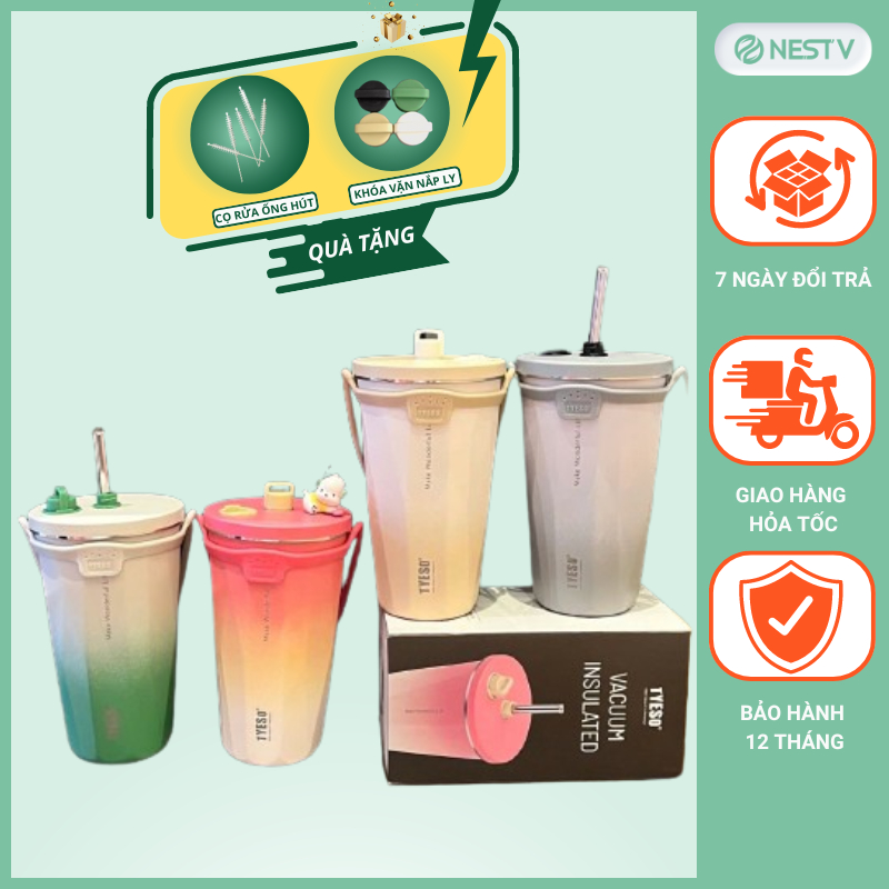  Ly bình nước giữ nhiệt TYESO 600ml màu GRADIENT MỚI cốc giữ nhiệt nóng lạnh kèm ống hút cao cấp - NEST V 