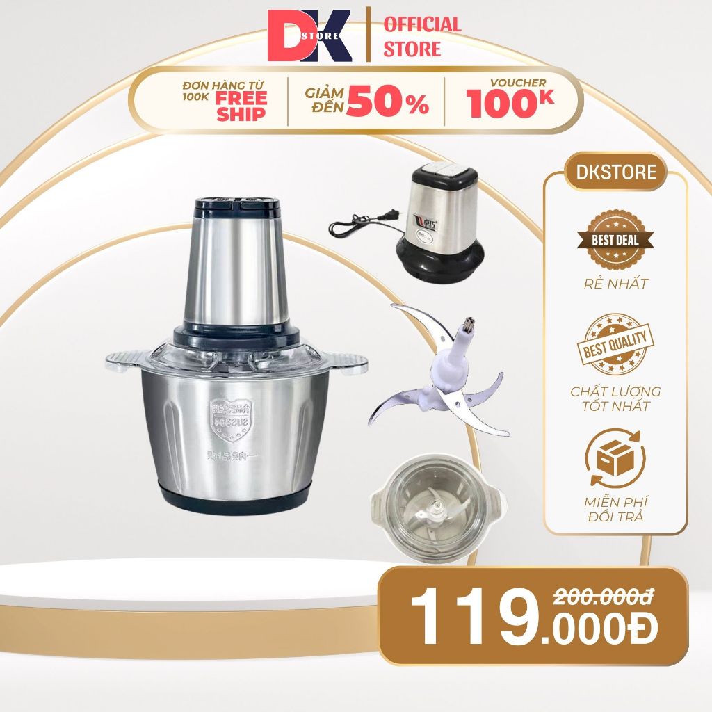 Máy Xay Thịt Đa Năng Cối INOX 304 2L Công Suất 300W, 4 Lưỡi Dao Xay Thịt Cá, Rau Củ, Xay Sinh Tố