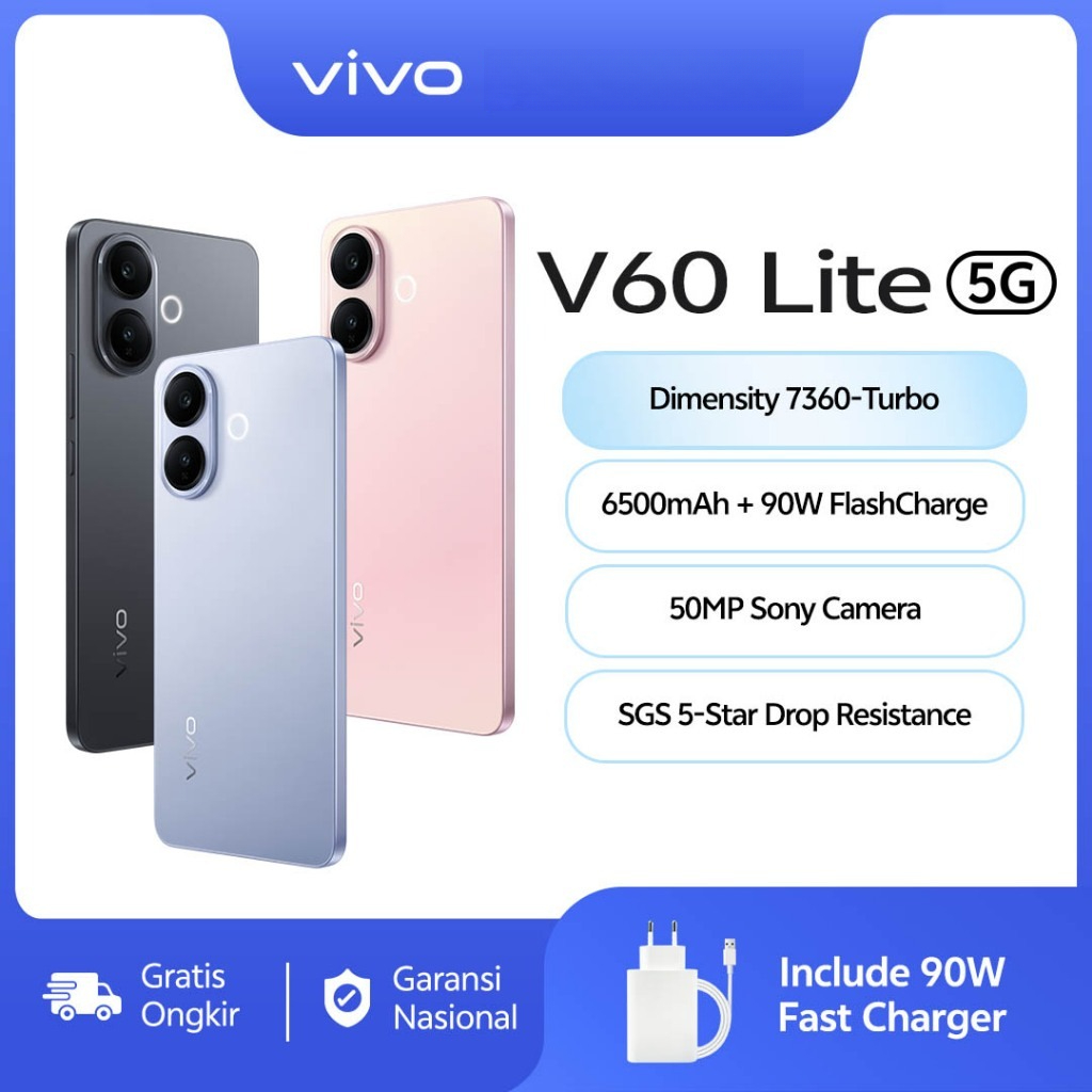 [NEW] vivo V60 Lite 5G [8/256 GB] [12/512 GB] - Dimensity 7360-Turbo, 6500 mAh + 90W FlashCharge, 50MP Sony Camera, AI Four-Seasons, SGS 5-Star Drop Resistance Harga  4,999,000 Ringgit*Penghantaran Percuma