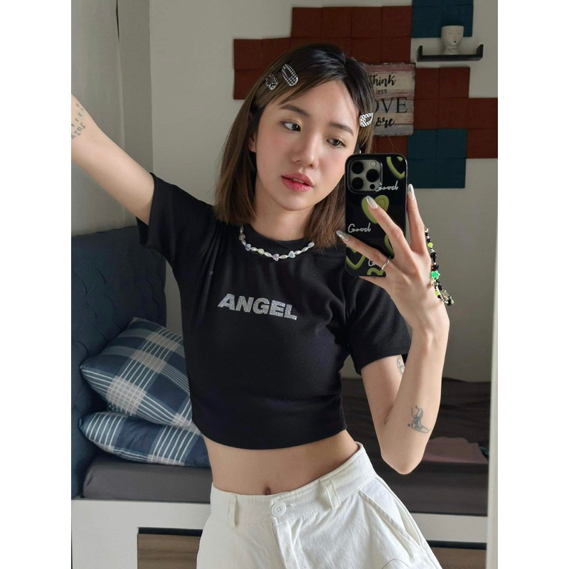 Áo phông croptop "Angel Lấp Lánh" sang chảnh The Famous - Áo thun Croptop siêu hack dáng