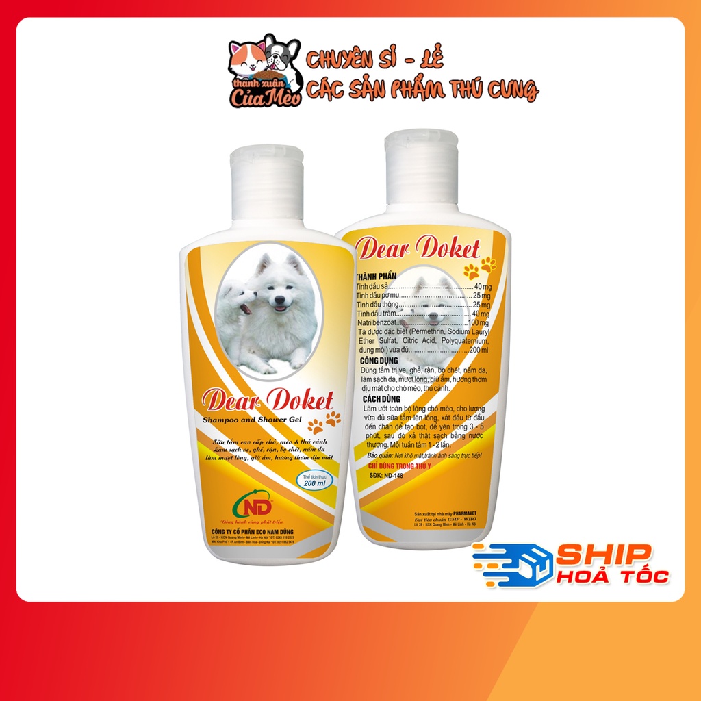[Chính Hãng] Sữa Tắm Dear Doket Dành Cho Chó Mèo- Làm Sạch Ve Bọ - Nấm Da - 200ML