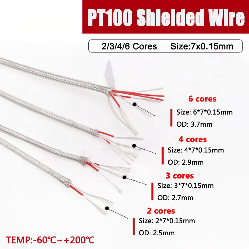 1m tp100 2346 Lõi 7x0.15 mm2 được bảo vệ mạ bạc dây đồng cặp nhiệt điện dây PTFE Cáp PT100 sợi thủy tinh bị mắc kẹt