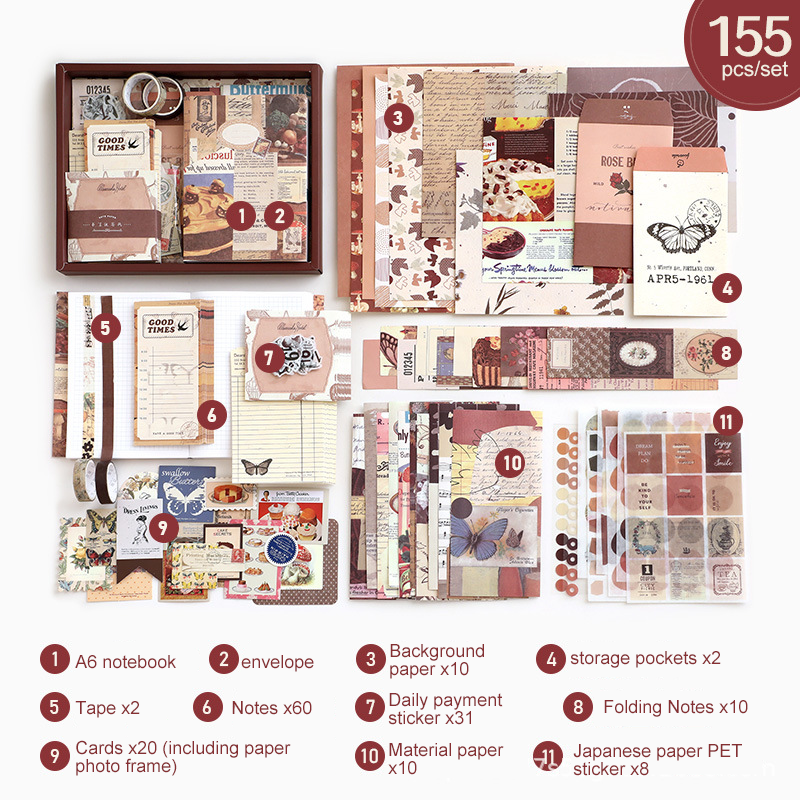 【155pcs】DIY Scrapbook and Journal Supplies Kits