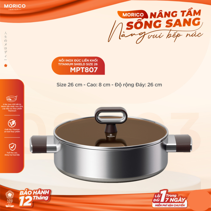 Nồi Titanium Shield MORICO MPT807 Size 26cm _ Dung Tích 3.6L,Kèm Nắp Kính, Đúc Liền Khối, Chống Dính An Toàn
