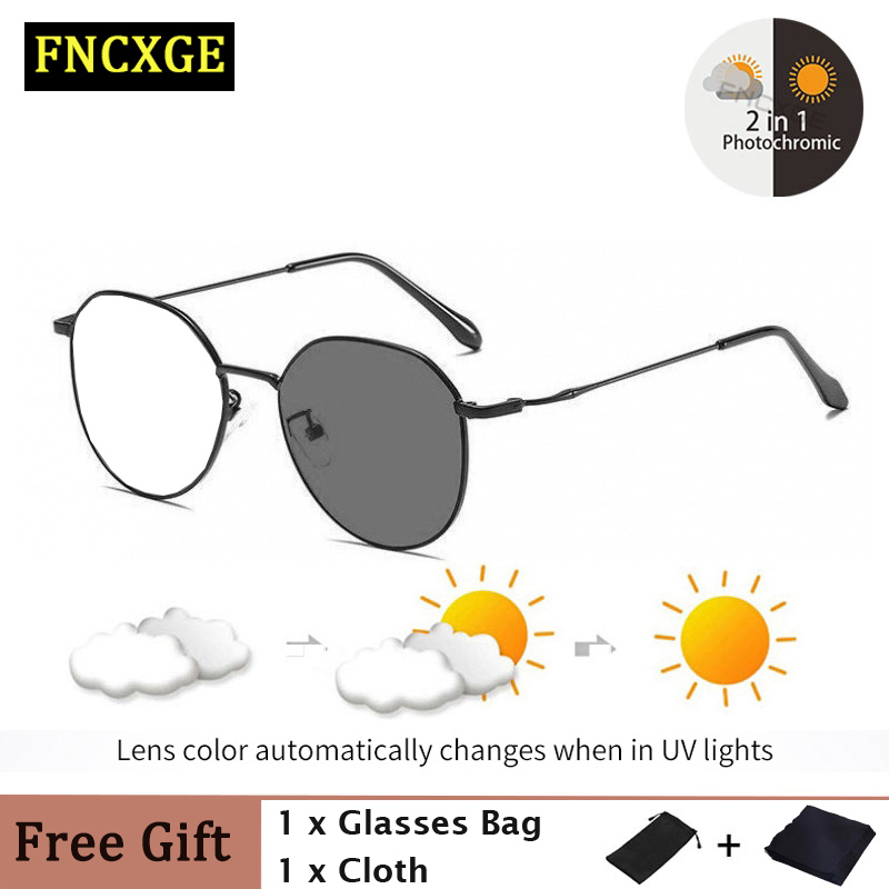 FNCXGE đổi màu khi ra nắng Cận thị mắt kính nữ nam thời trang kính học sinh tia uv và ánh sáng xanh Kính Bảo Vệ Mắt có độ -50~-600