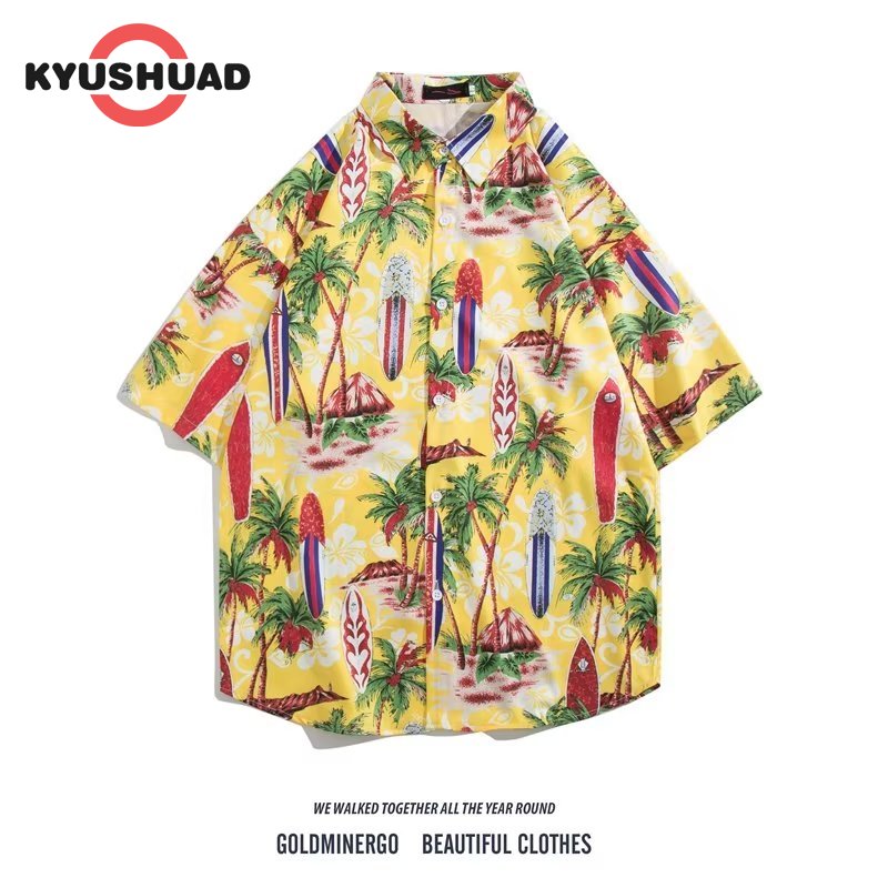 KYUSHUAD Men's round neck printed short sleeve shirt Hawaiian style loose printed short sleeve shirt ราคา 130 บาท*ส่งฟรี