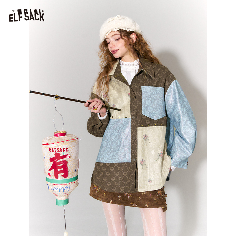 ELFSACK 2026 Vintage Floral Jacquard Jacket Women, PU Leather & Suede Coat, Retro Casual Autumn Winter Top ราคา 3,527 บาท*ส่งฟรี