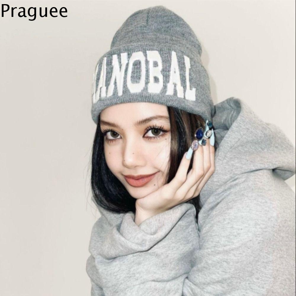 PRAGUEE Phong cách Hàn Quốc Mũ dệt kim có chữ Sọc Thêu Mũ len Thời trang Mũ đầu lâu Mũ Beanie Lalisa Mùa đông/Mùa Thu