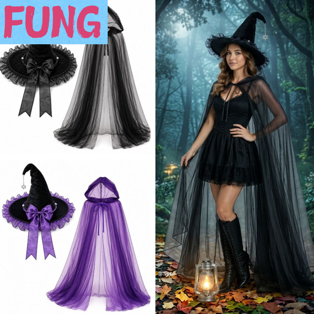 FUNG เสื้อตาข่ายมีฮู้ด ชุดหมวกและผ้าคลุมแม่มดสำหรับฮาโลวีน การสวมบทบาท โบว์ผ้าซาติน เสื้อคลุมมีฮู้ดพร้อมหมวกแม่มด อุปกรณ์ประกอบการแสดง อุปกรณ์จัดงานปาร์ตี้ หมวกพ่อมดคอสเพลย์โลลิต้า คอสเพลย์โลลิต้า ราคา 635 บาท*ส่งฟรี