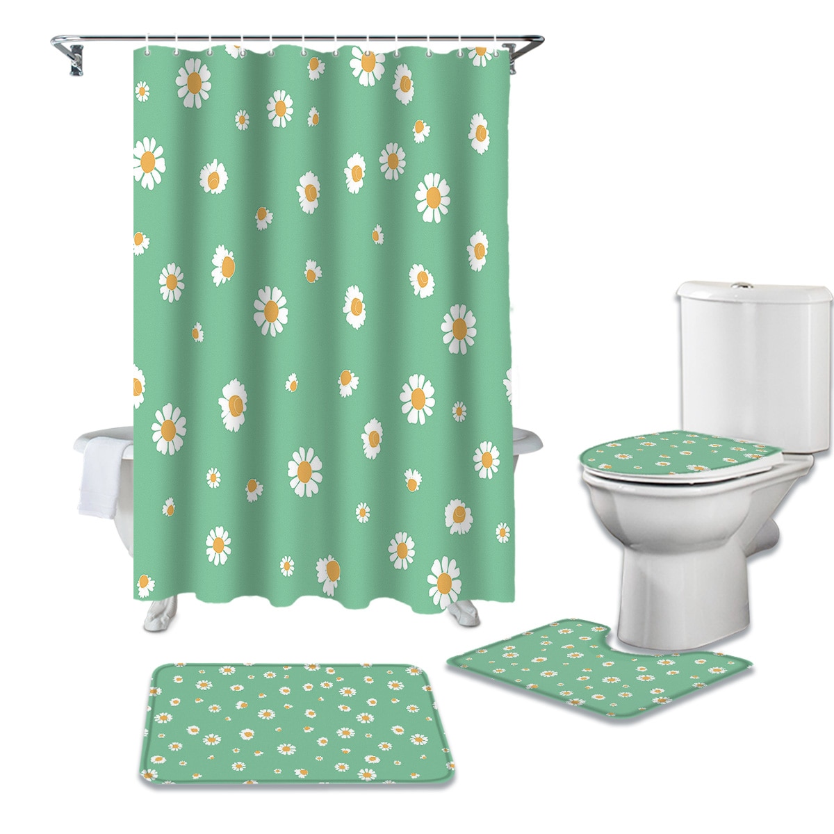 Fresh Daisy Flower Bathroom Set Durable Fabric Waterproof Shower Curtain
