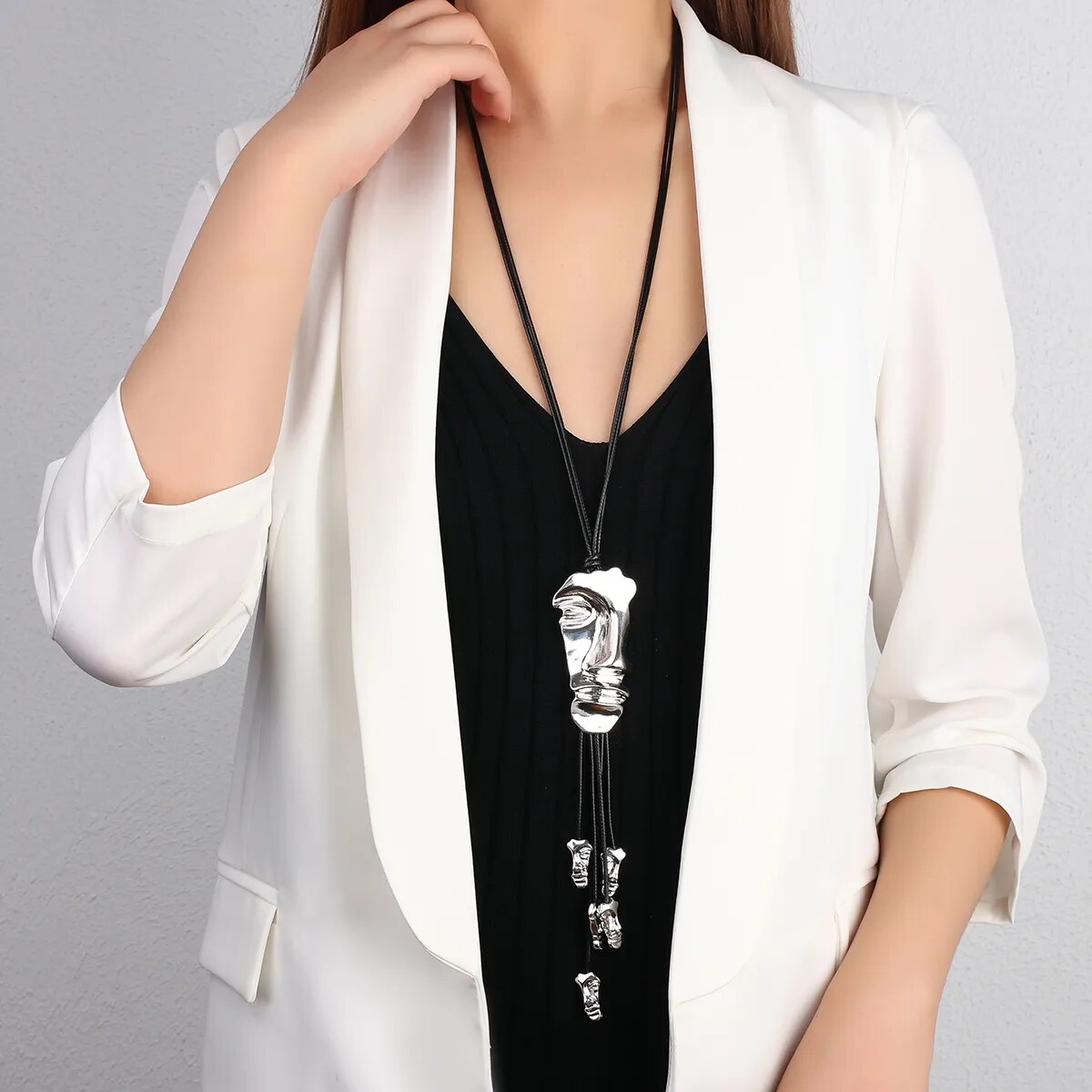 Amorcome đồ trang sức dây chuyền mặt dây tua lớn dây bằng da màu đen Vòng cổ dài bộ lạc dân tộc màu bạc phóng túng