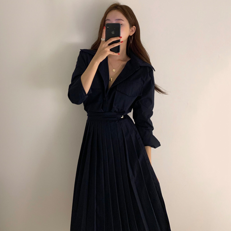 Hàn Quốc Chic Ánh Sáng Phong Cách Cổ Bẻ Khuy Một Hàng Tôn Dáng Bên Dây Quai Bó Eo Dài Tay Trang Phục Công Sở Xếp Li Đầm Nữ