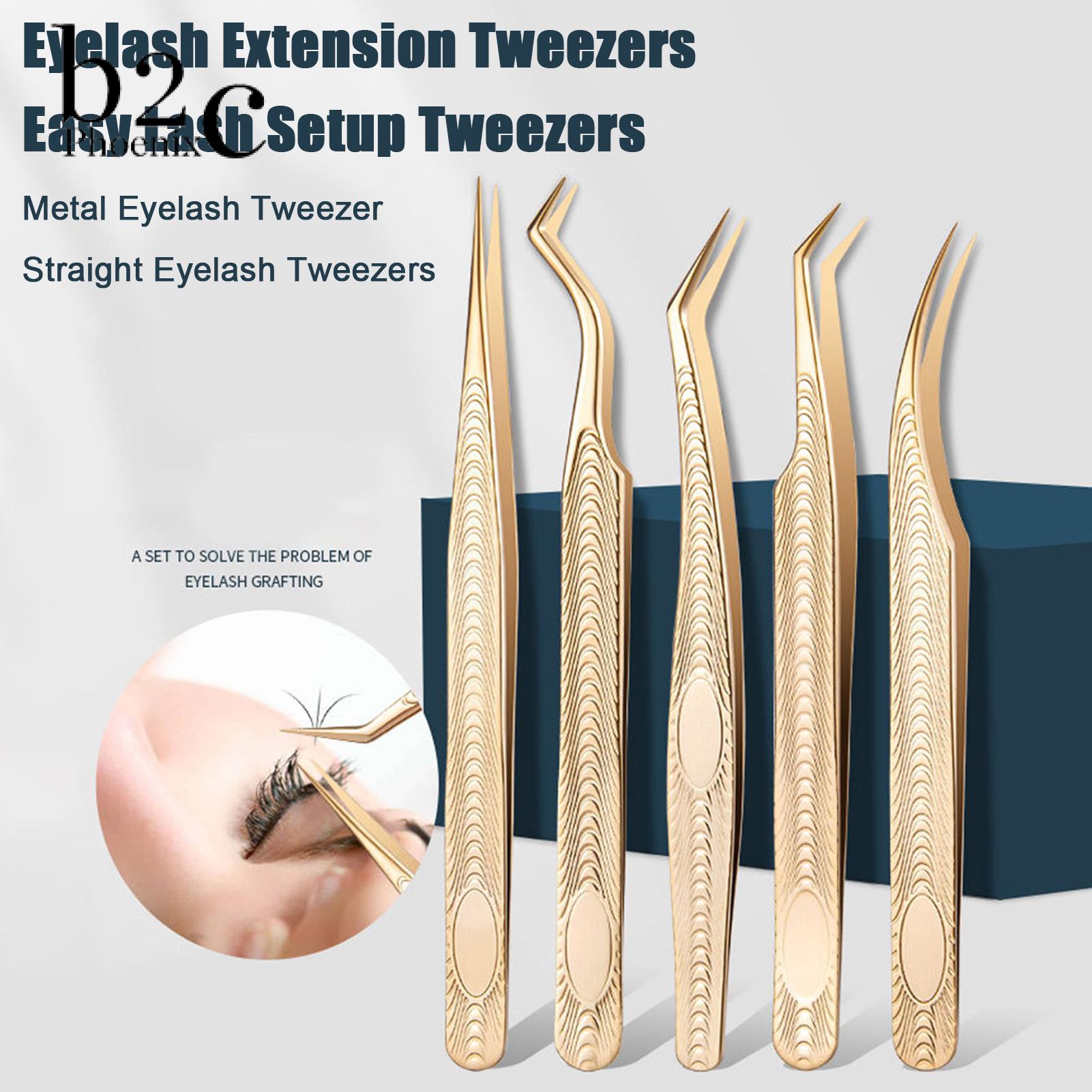 Phoenix B2C Durable Lash Extension Tool 5pcs Eyelash Extension Tweezers Set Professional Stainless Steel Precision Straight Curved Fiber Tip Lash Tweezers for Women Eye Makeup Tools Kit for Beginners High