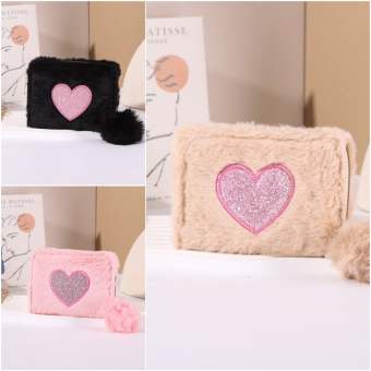 MANWENDY Thêu tình yêu Ví tiền xu vải nhung lông thêu hình Tình Yêu Túi khóa kéo Sức chứa lớn Ví Thêu có khóa kéo Túi đựng đồ mini Di động Túi đựng đồ thêu Quà Tặng bé gái trẻ em