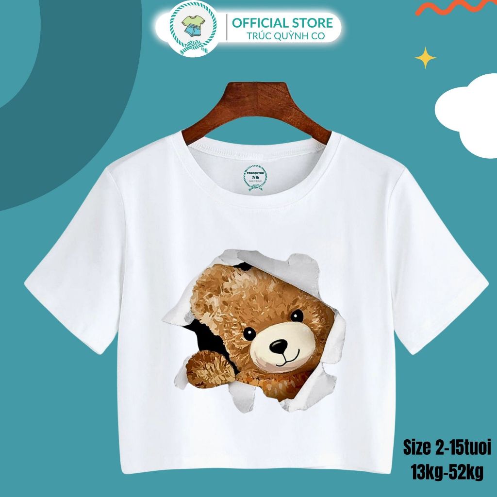 Áo Thun Croptop Bé Gái,Áo In Hình Gấu Mèo Siêu Cute - Trúc Quỳnh Co, Từ (12kg-52kg) - 4