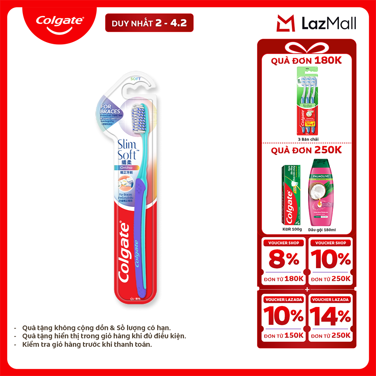 [Chỉ 2-4.2_X2 Voucher giảm 24%] Bàn chải Colgate Slimsoft Ortho lông chải mềm mại xếp hình U cho ngư