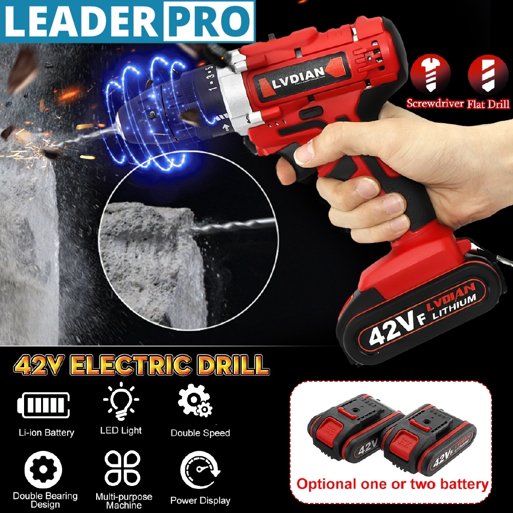 42V 25+1 Torque Electric Cordless Drill Screwdriver LED Work Light w/ 2 Battery 7500mAh