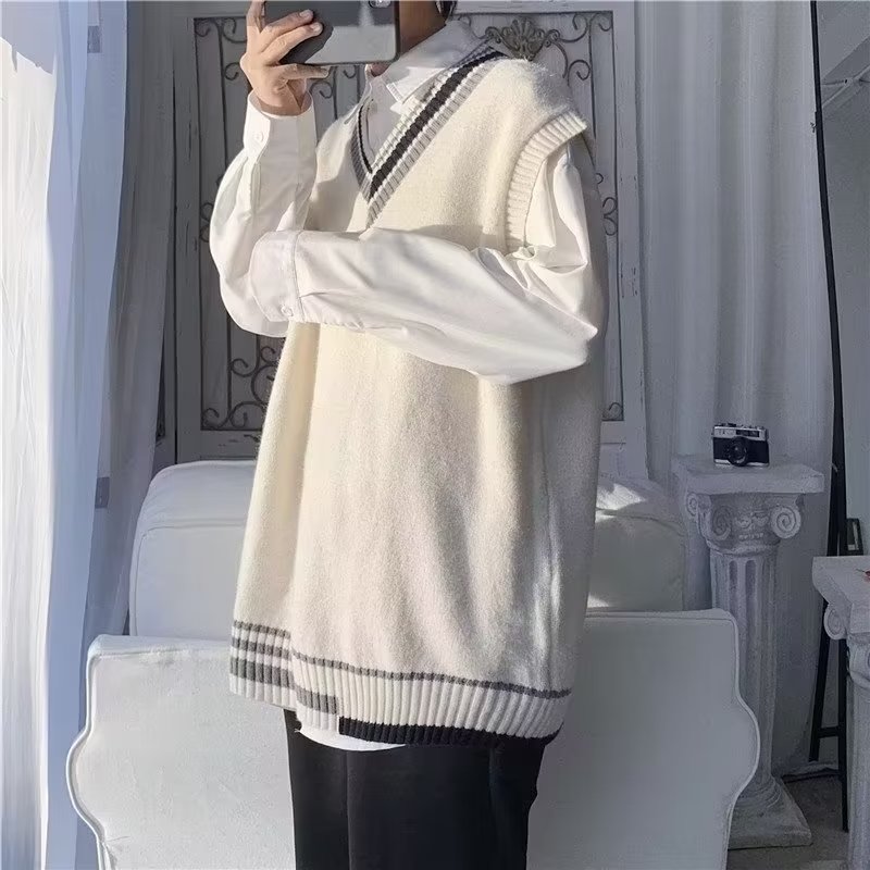 KYUSHUAD Áo vest Áo len cộc tay cổ chữ V cho nam phong cách Đại Học Áo Áo len cổ chữ V rộng