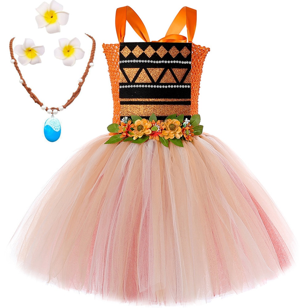 Moana Costumes For Girls Pocahontas Princess Dresses With Necklace Kids