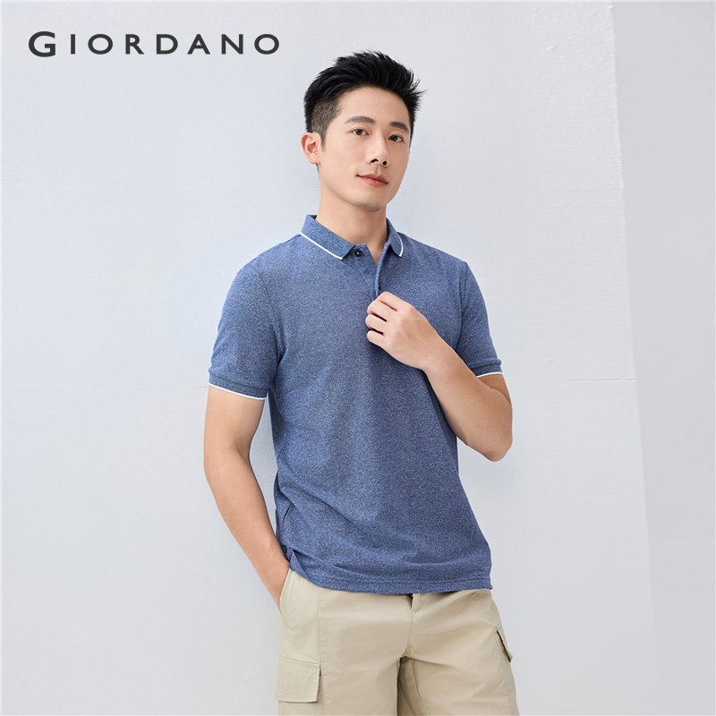 Áo POLO Nam Tay Ngắn GIORDANO Men vải Pique Trang trí viền gân Màu phối 10 màu thuận Mùa hè Thoáng k