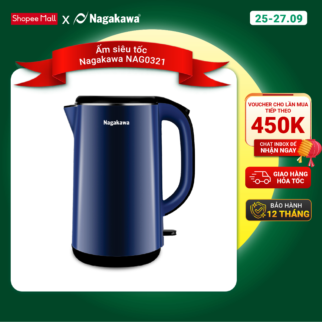 Ấm siêu tốc 2 lớp inox 304 Nagakawa NAG0321 (1,8L - 1800W - Màu trắng) - Bảo hành 12 tháng