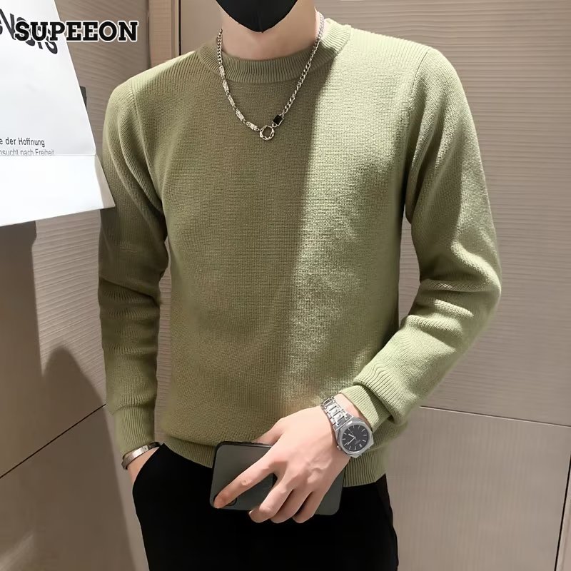 SUPEEON Crewneck sweater Simple sweater for men Solid color knitwear