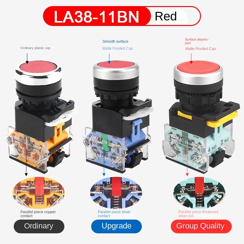 Nút Nhấn LA38-11BN , 22mm, Tự Phục Hồi/Tự Khóa, Đỏ/Xanh/Vàng, 1NO+1NC/2NO/2NC, Công Nghiệp, IP65 Chống Nước - nhấn nhả - màu đỏ