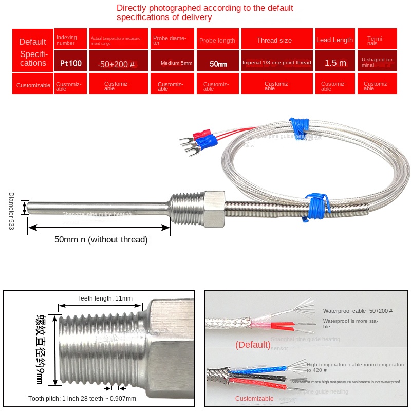 Pt100 Cảm Biến Nhiệt Độ Chống Nước Ren Cố Định | Đầu Dò 50-100mm | -50~200°C | Dây 1.5m | Thép Không Gỉ | Hàng Chính Hãng - PT1/8 Φ5*50Mm