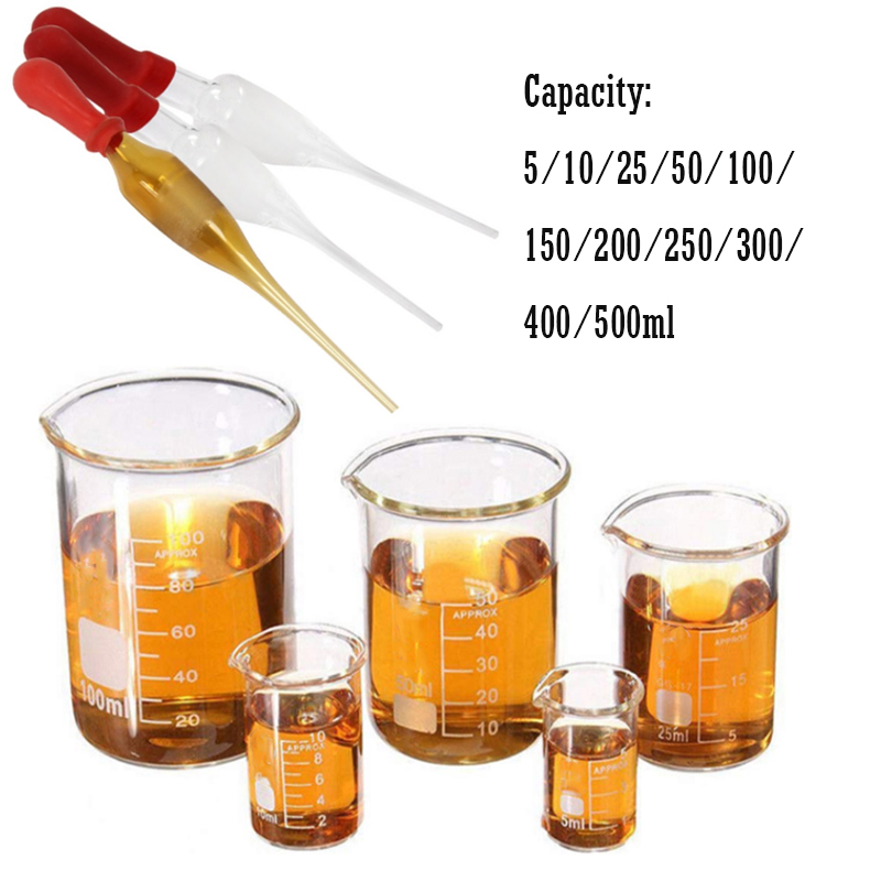 5ml - 100ml 150ml 200ml 250ml 300ml 400ml 500ml Borosilicate Glass Low Form Beaker with Glass Dropper Chemistry Lab Heavy Wall