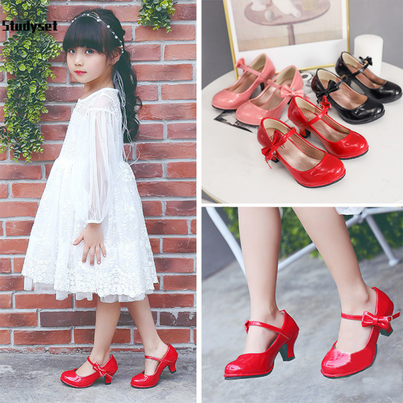Studyset IN stock 1 Pair Of Girls Artificial Pu High Heel Princess Shoes Magic Stickers Design With Bow Decoration Non-slip Wear-resistant Dance Shoes