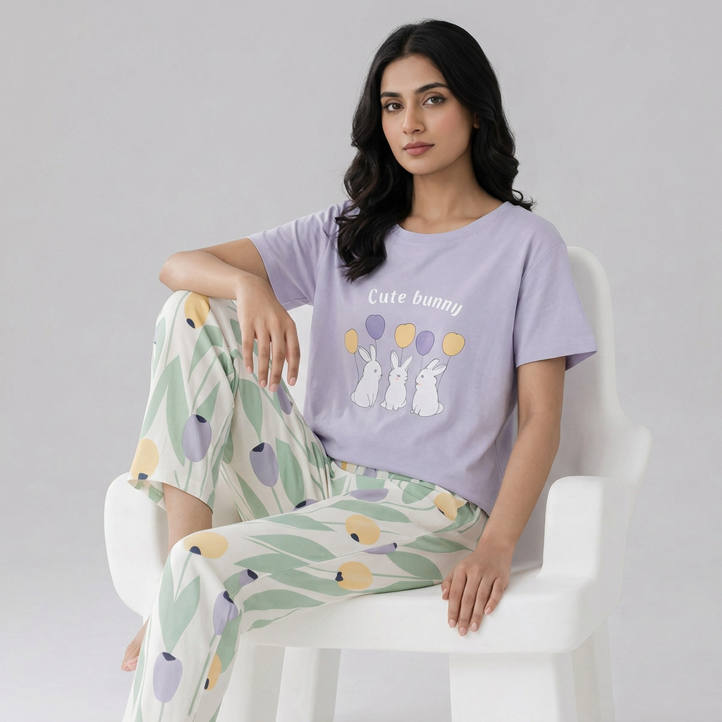 Women's Oversized Summer Night Suit –Multicolor Printed Cotton Jersey Relaxed Fit T-Shirt & Trouser Pajama Set, Soft Breathable Loungewear