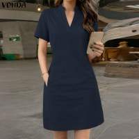 VONDA Korean Style Women Fashion V-Neck Pockets Dresses Short Sleeve Zipper Dress #0323