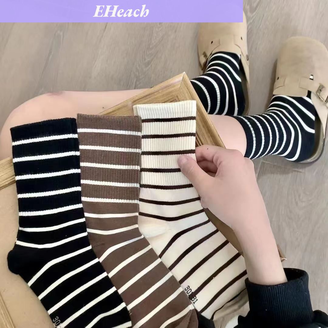 EHeach | Socks women's black and white autumn and winter striped trendy socks fashion socks Korean version college style tube socks ราคา 10 บาท*ส่งฟรี