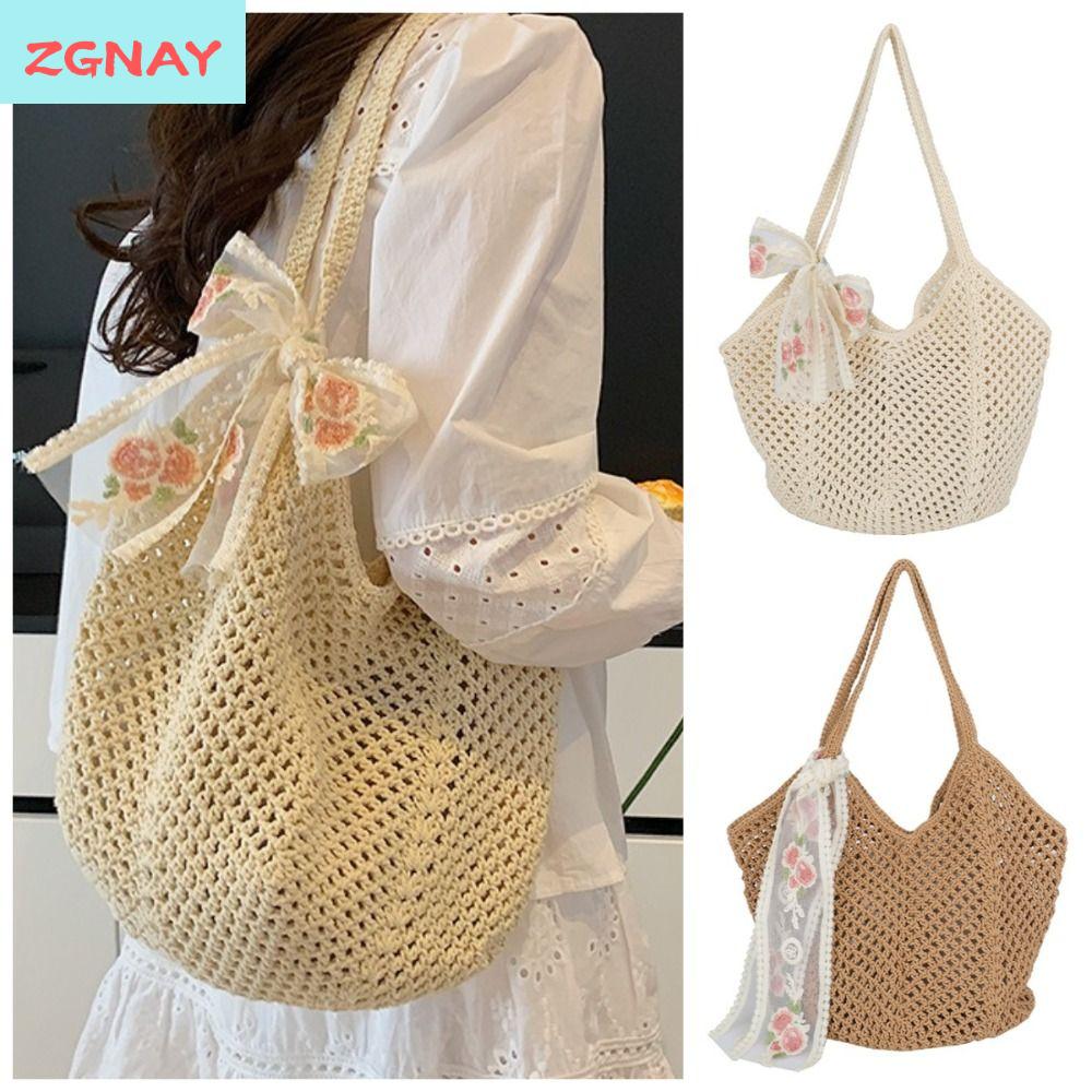ZGNAY STUDIO Màu đơn sắc Túi đeo vai đan móc dành cho nữ Dung lượng lớn Rỗng Túi xách dệt Thường ngày với nơ ruy băng Túi Tote móc len Nữ