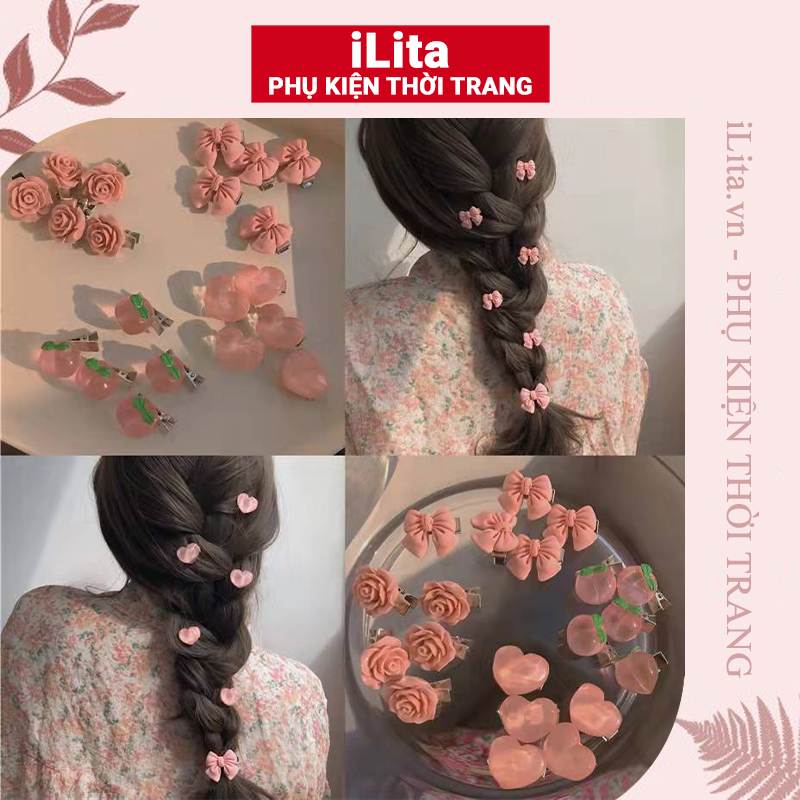 Kẹp tóc mái mỏ vịt iLita cặp bấm mái hình nơ, quả đào, trái tim, bông hoa Hàn Quốc dễ thương màu trơn hottrend 2023