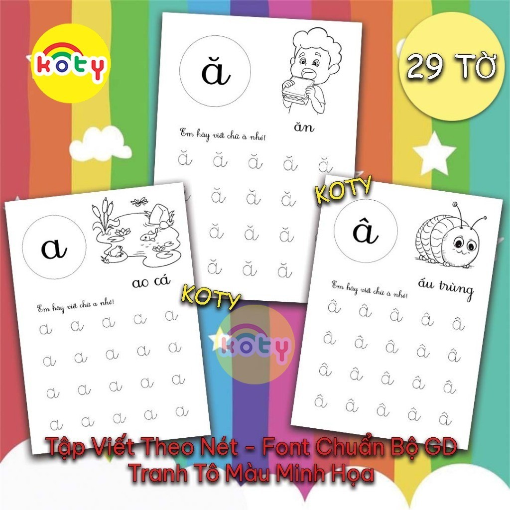 Bộ 29 Tờ Giấy Tập Viết Chữ In Thường Tiếng Việt Theo Nét - Font Chữ Tiểu Học Chuẩn - Tranh Tô Màu Mi