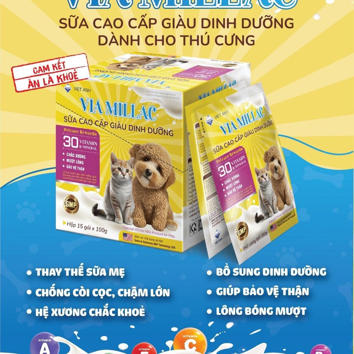 Sữa bột VIA MILLAC với thành phần dinh dưỡng giàu DHA, Omega, cung cấp đầy đủ vitamin, acid amin và khoáng chất tương tự như sữa mẹ, đặc biệt khi chó (mèo) mẹ kém sữa, mất sữa hoặc thiếu sữa do đàn con (thuốc bổ cho vật nuôi)