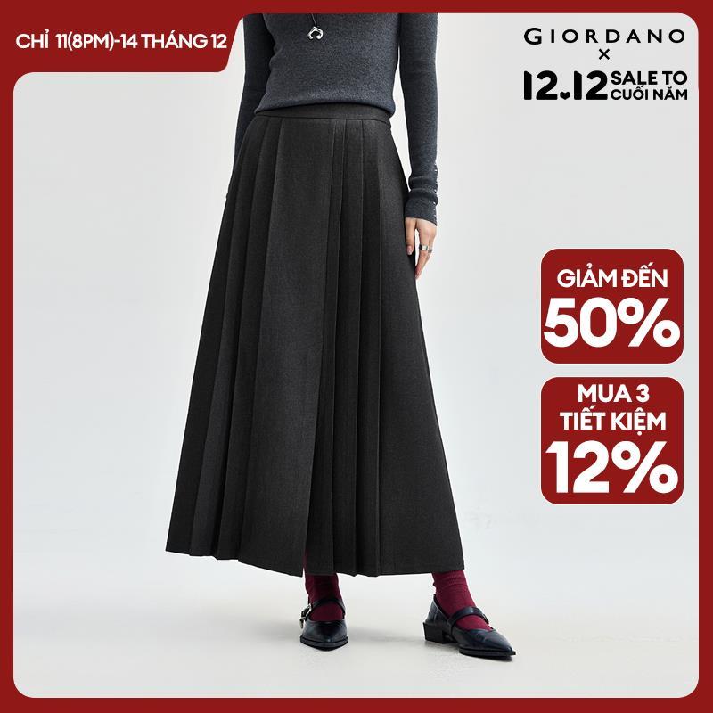  GIORDANO Nữ Chân váy xẻ tà phía trước Chân váy dài xếp ly lưng thun co giãn một nửa Chất lượng mượt mà nhẹ nhàng thời trang thường ngày 18464221 