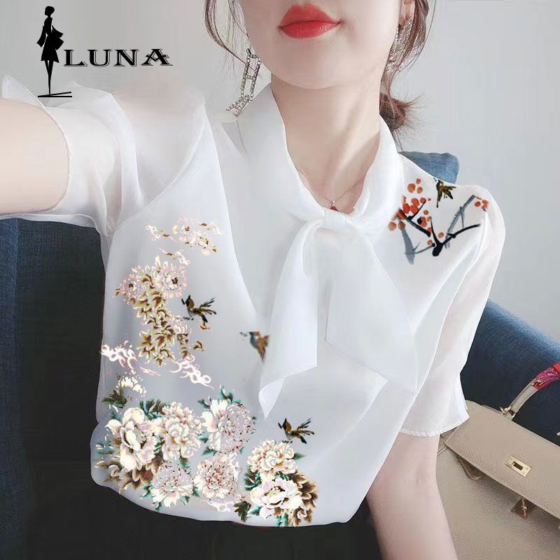 LUNAáo girl phố nữ Mùa hè mới của phụ nữ t-shirt ngắn tay phiên bản Hàn Quốc hiển thị gầy in giảm tuổi phong cách phương Tây che bụng khăn quàng cổ  set đồ nữ đẹp áo phông form rộng nữ rẻ vô đố