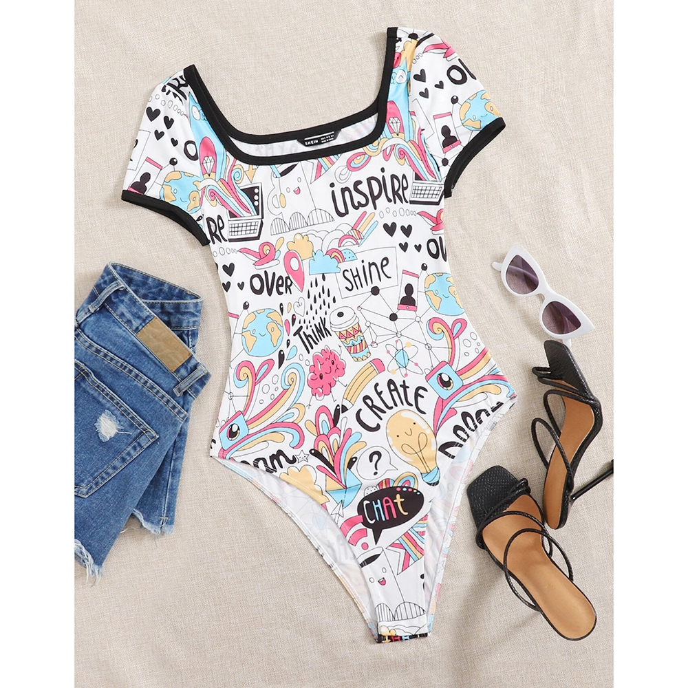 BRANCHÉ Phụ nữ của áo liền quần mùa hè Ngắn Tay Áo phim hoạt hình in cổ vuông thời trang cơ bản giản dị tương phản ràng buộc áo liền quần b240903