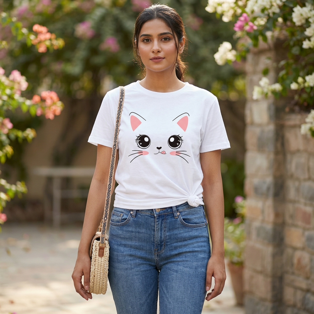 Purple 3 Cute Cats Beautiful Half Sleeves T Shirts For Girls & Women's Cotton Jersey Fabric For Summer Wear Women's Oversized Cartoon Print T-Shirt - Cute Lavender Casual Wear for Girls