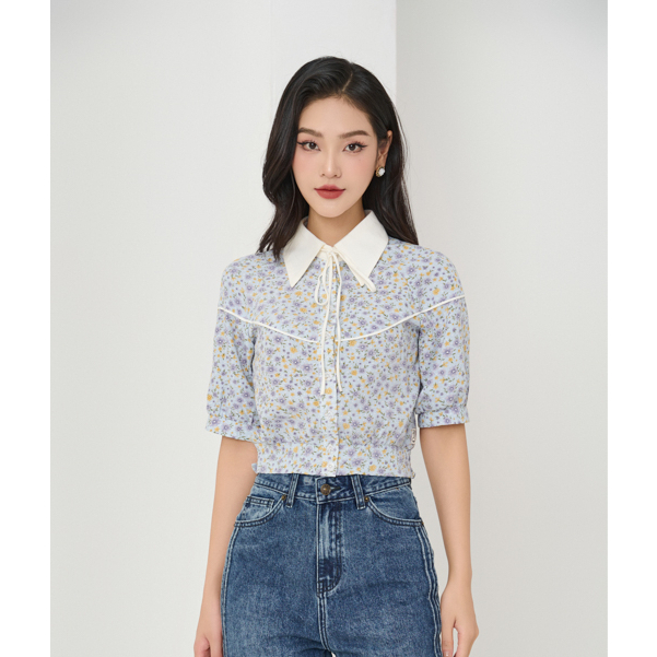 Áo sơ mi thô hoa nữ tay lỡ thiết kế bo eo orchid - at3c513