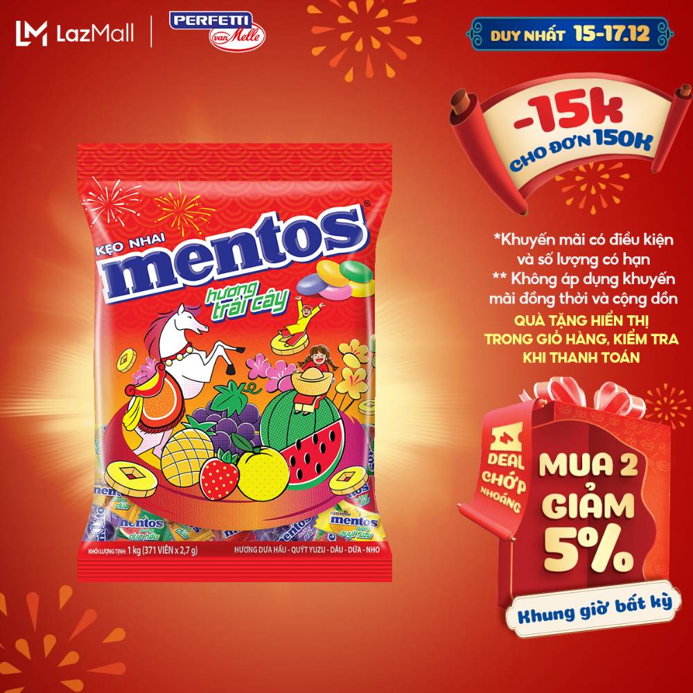 TÚI LỚN 1KG Kẹo nhai Mentos Hương Dưa hấu Quýt Yuzu Dâu Dứa và Nho
