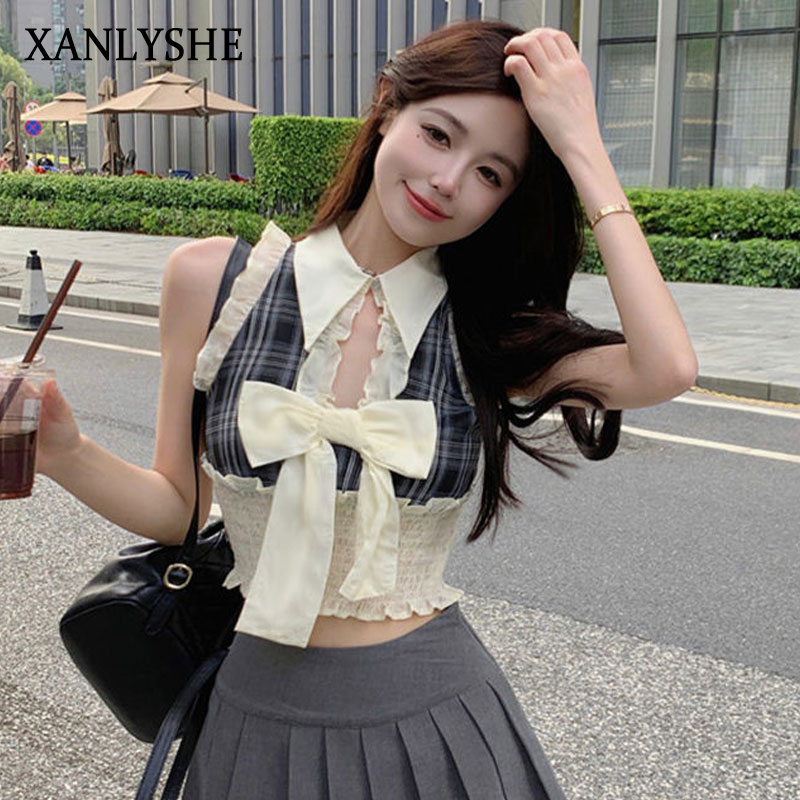 XANLYSHE เสื้อเชิ้ตสายเดี่ยวผูกโบว์สำหรับสาวฮอตหวานสำหรับผู้หญิงเสื้อสั้นเย็บขอบระบายเซ็กซี่แขนกุดแบบใหม่ฤดูร้อน ราคา 106 บาท*ส่งฟรี