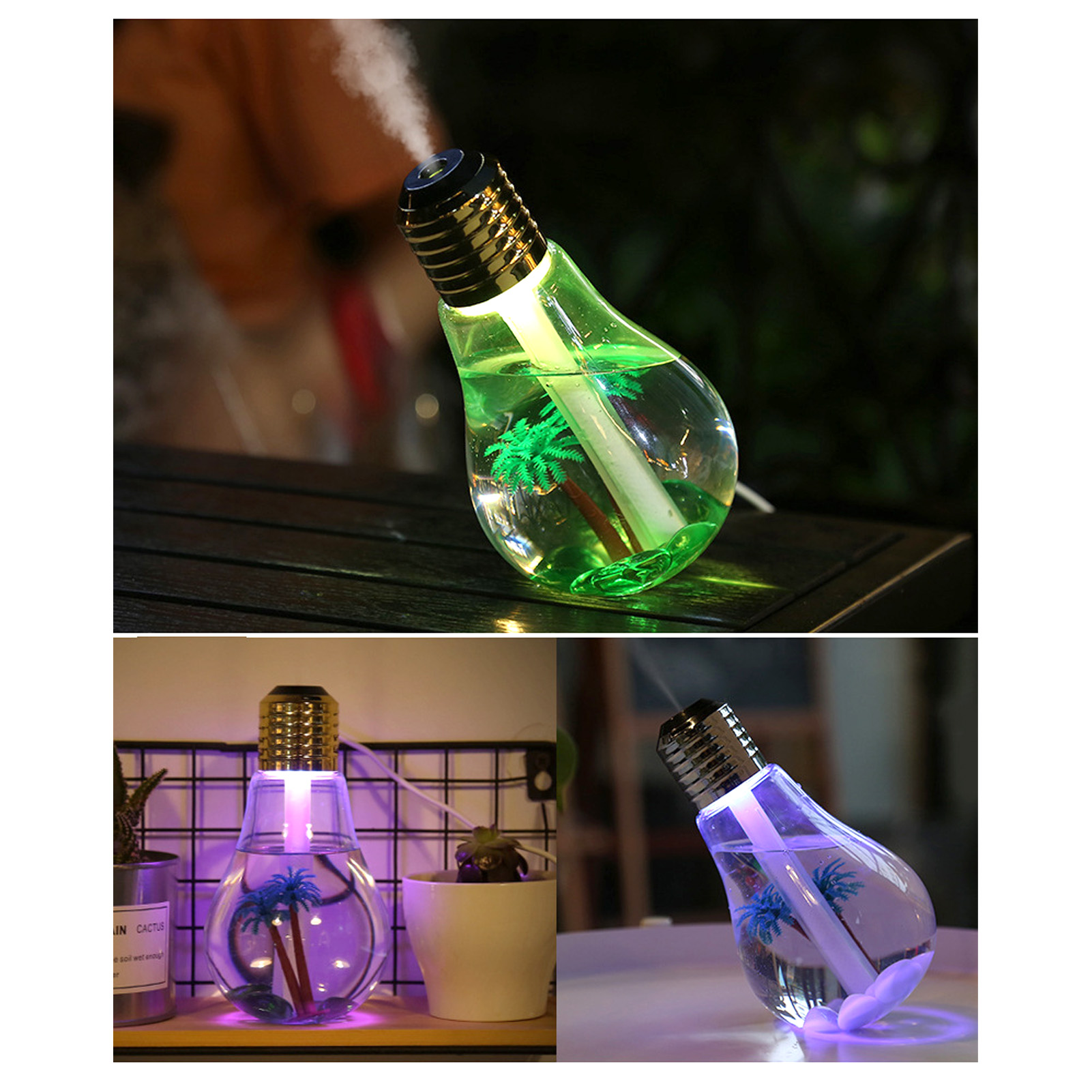 Máy tạo độ ẩm không khí bóng đèn cầm tay Máy tạo độ ẩm siêu âm USB với 7 màu đèn LED Máy lọc khuếch tán mini Máy phun sương cho xe hơi văn phòng tại nhà Trang trí phòng ngủ cho bé ngủ Ultra Qquiet 400mL (Màu bạc)