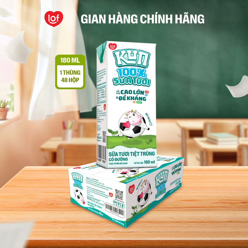 100% sữa tươi KUN có đường thùng 48 hộp x 180ml