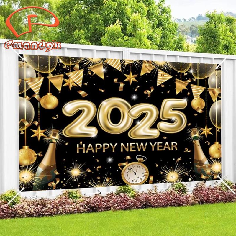 [frthrthrt]Happy New Year Backdrop 2025 BlackGold Backdrop Happy New Year 6.88 X 4.92ft Happy New Year Decorations Wall Display