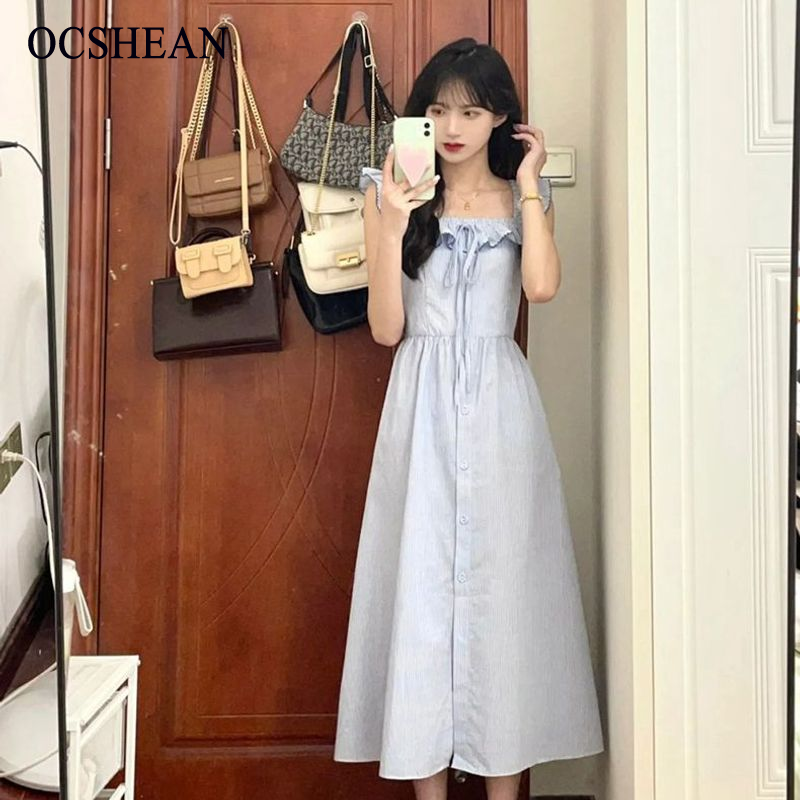 OCSHEAN ชุดเดรสสตรีลายทางสีฟ้าอ่อนและขาวแขนบิน ราคา 149 บาท*ส่งฟรี