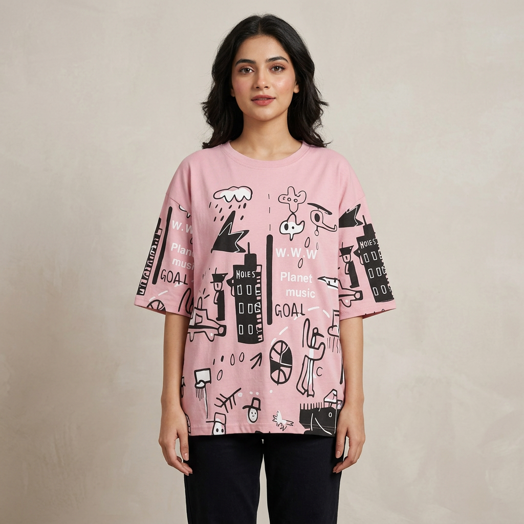 Oversized Graphic T-Shirt & Trouser Set for Women & Girls – Relax Fit Printed Tee with Black Pajama – Casual Street Style Lounge Wear